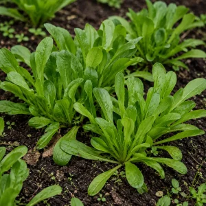 Bio Feldsalat „Breitblättriger“ (Valerianella locusta) im Gemüsebeet mit kräftigen grünen Blattrosetten